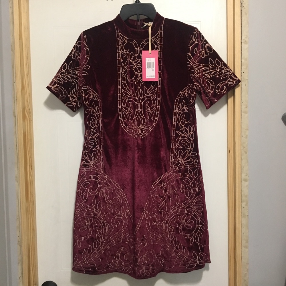 NWT Chelsea & Violet Wine Velvet Embroidered Dress